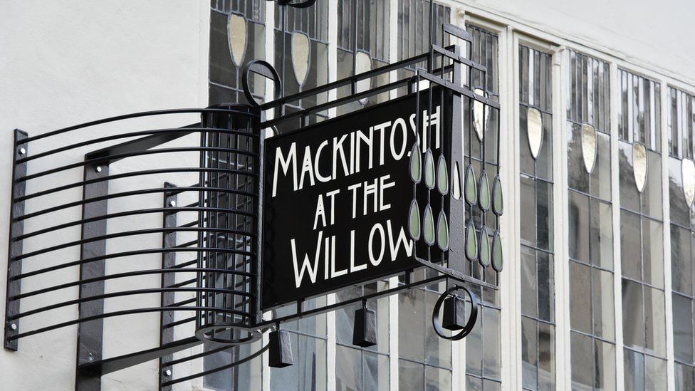 A sign outside the Charles Rennie Mackintosh designed Willow Tea Rooms in Sauchiehall Street