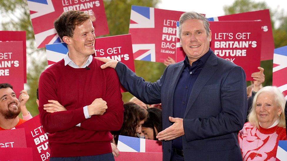 Newly elected Labour candidate Alistair Strathern stands with Labour Party leader Sir Keir Starmer at the Forest Centre in Moretaine, Bedford after winning the Mid Bedfordshire by-election. Picture date: Friday October 20, 2023. PA Photo. The contest was triggered by the resignation of Conservative MP Nadine Dorries