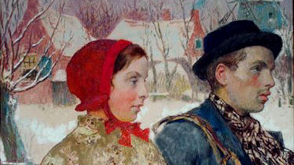 Winter, by American artist Gari Melchers, shows a man and a woman walking in winter
