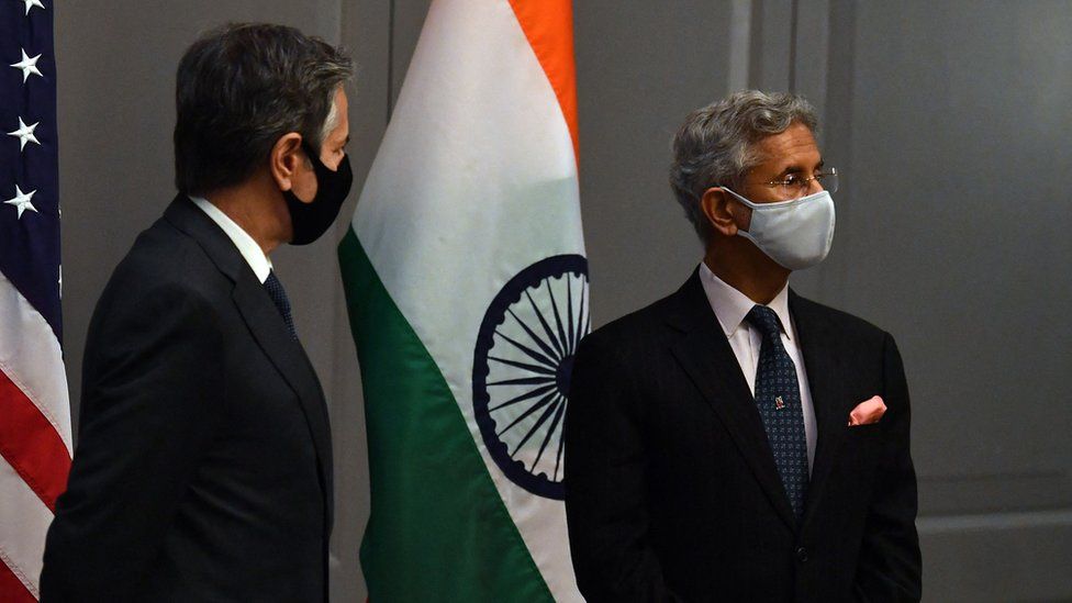 US Secretary of State Antony Blinken attends a press conference with India's Foreign Minister Subrahmanyam Jaishankar following a bilateral meeting in London on May 3, 2021, during the G7 foreign ministers meeting.