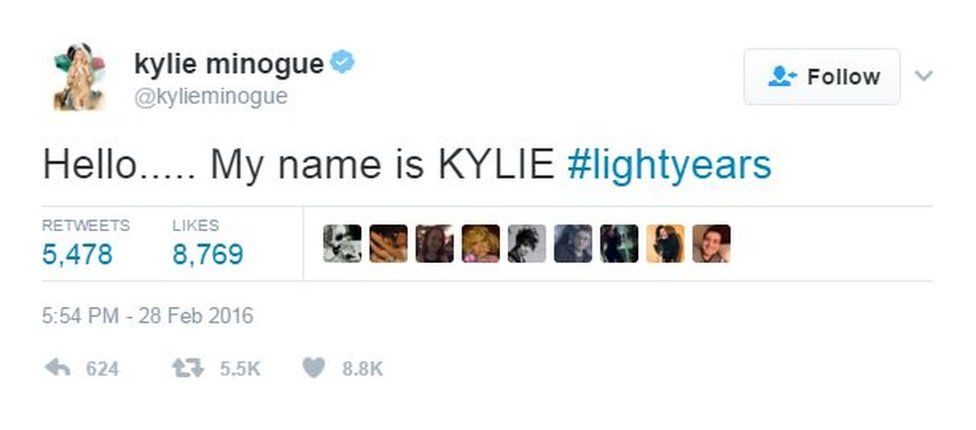 Screenshot of tweet by Kylie Minogue on 28 February 2016