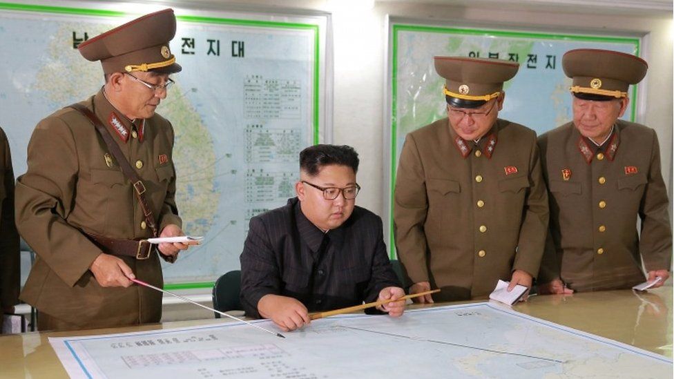 North Korean leader Kim Jong-un visits the Command of the Strategic Force of the Korean People's Army (KPA) in an unknown location in North Korea in this undated photo released by North Korea's Korean Central News Agency (KCNA) on 15 August 2017