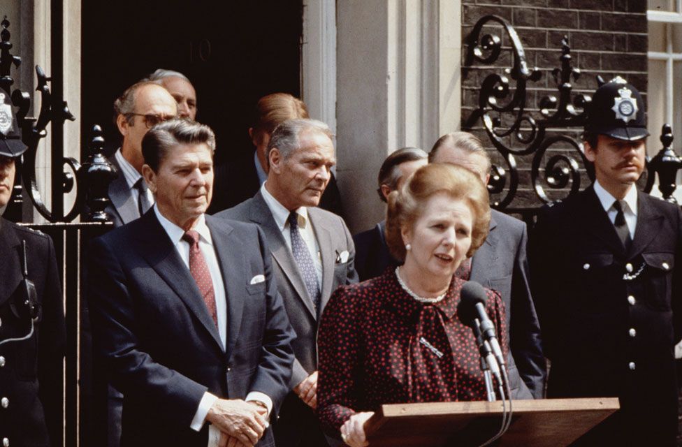 Ronald Reagan (left) and Margaret Thatcher in Downing Street, in 1982