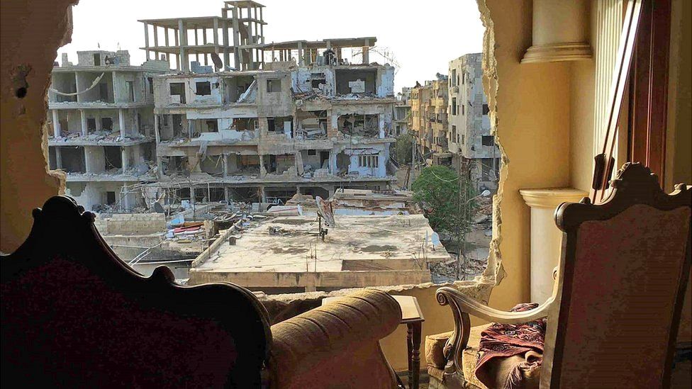 Destroyed buildings in the Syrian town of Darayya