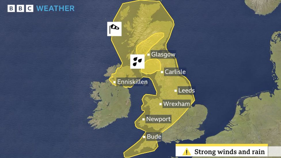 Map of the UK showing where there is a yellow warning from the Met Office. The yellow area covers parts of SW England, Wales, the Midlands, northern England and into Northern Ireland Scotland.