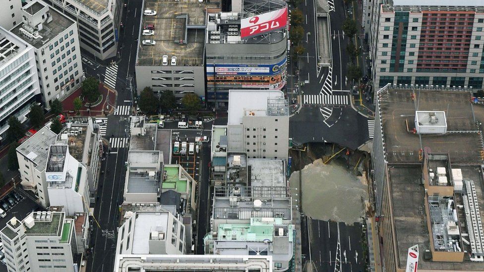 An aerial shot of the Japanese sinkhole