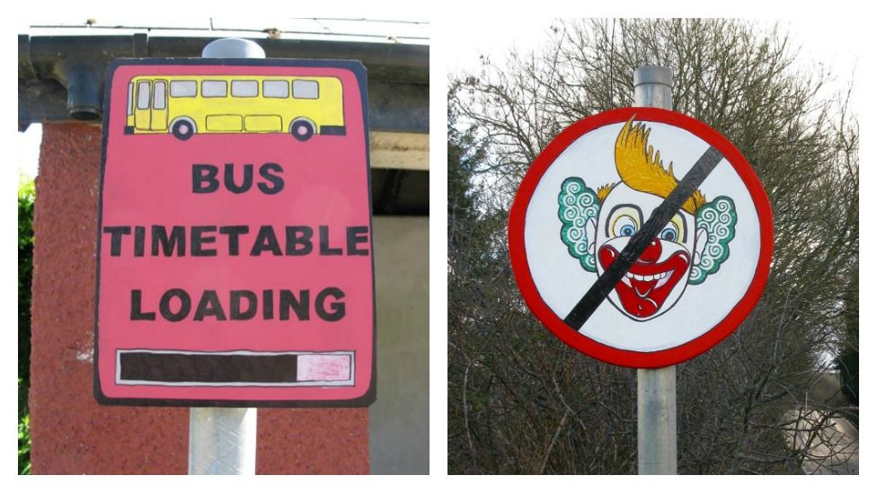 Bus timetable loading and clown signs