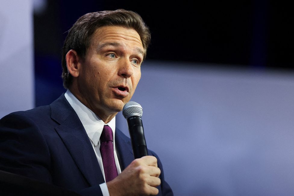 Florida Governor Ron DeSantis speaking as he is interviewed by former Fox News commentator Tucker Carlson on 14 July