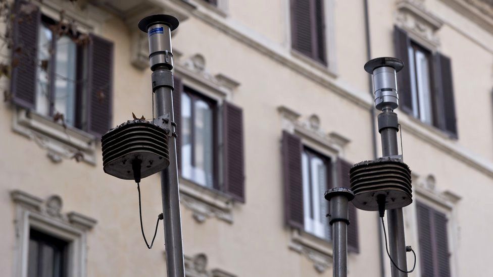 An air quality monitoring station, which measures pollution, in Piazza Cairoli, in the centre of Rome, Italy