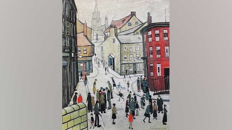 A LS Lowry painting which shows Bridge Street in 1938 with characters gathered at the bottom of the hill, some adults some children