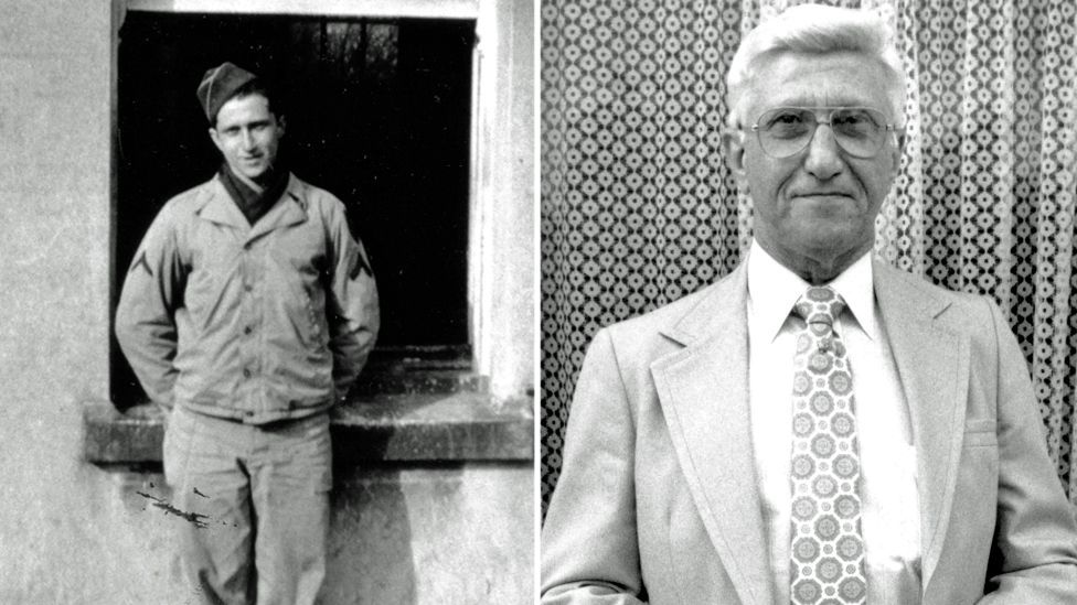Two black and white photos of Bill Lee taken in 1944 wearing a uniform and in 1989 wearing a jacket and tie
