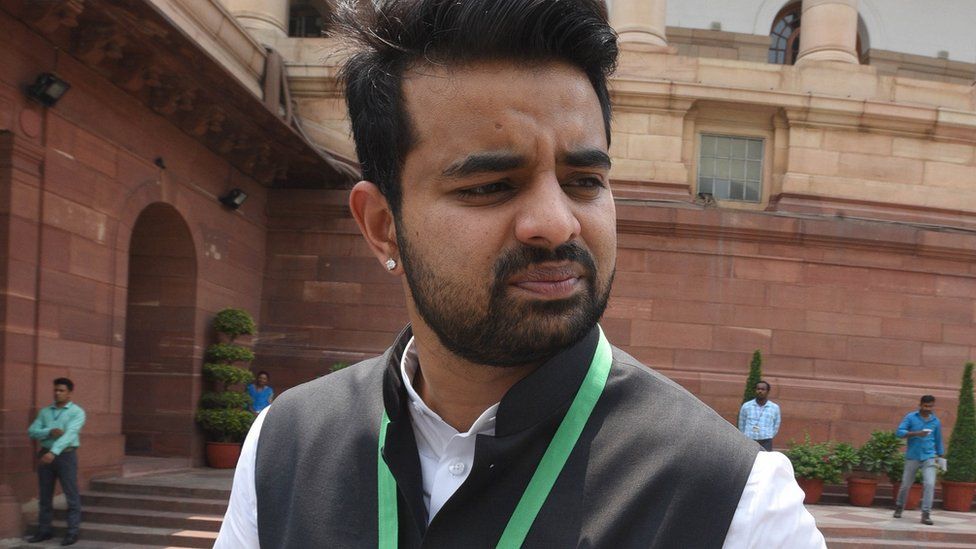 Janata Dal (Secular) MP Prajwal Revanna outside the old Parliament House in 2019 in New Delhi