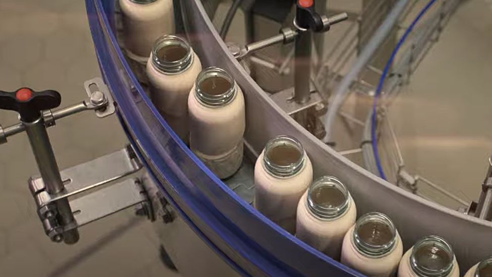 Бумажные бутылки на заводе розлива, движущиеся по роликам на схеме сборки