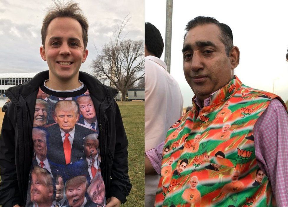 Composite image of a man wearing a Trump t-shirt and a man wearing a vest with images of Modi on it