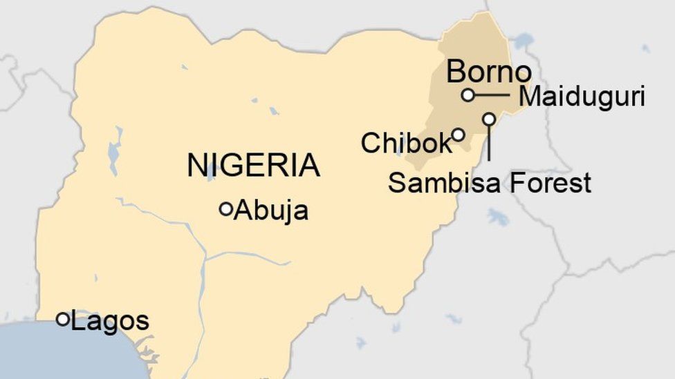 Map of Nigeria showing Borno state, Chibok, Sambisa Forest, Maiduguri, Abuja and Lagos