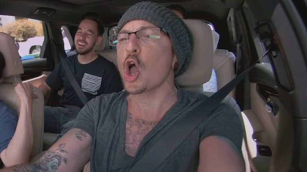 Chester Bennington (far right) in Apple Music's Carpool Karaoke days before his death in July