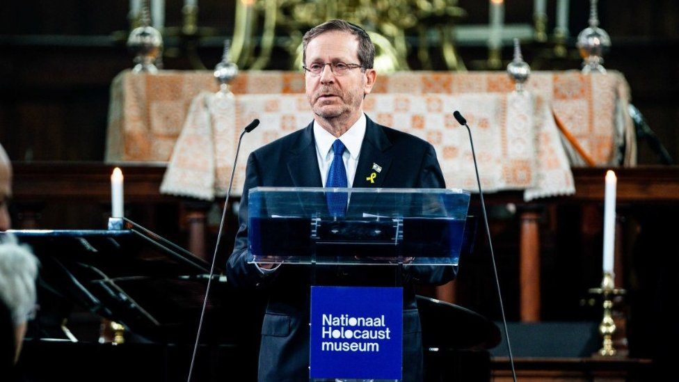 Israeli President Isaac Herzog delivers a speech during the opening ceremony of the National Holocaust Museum