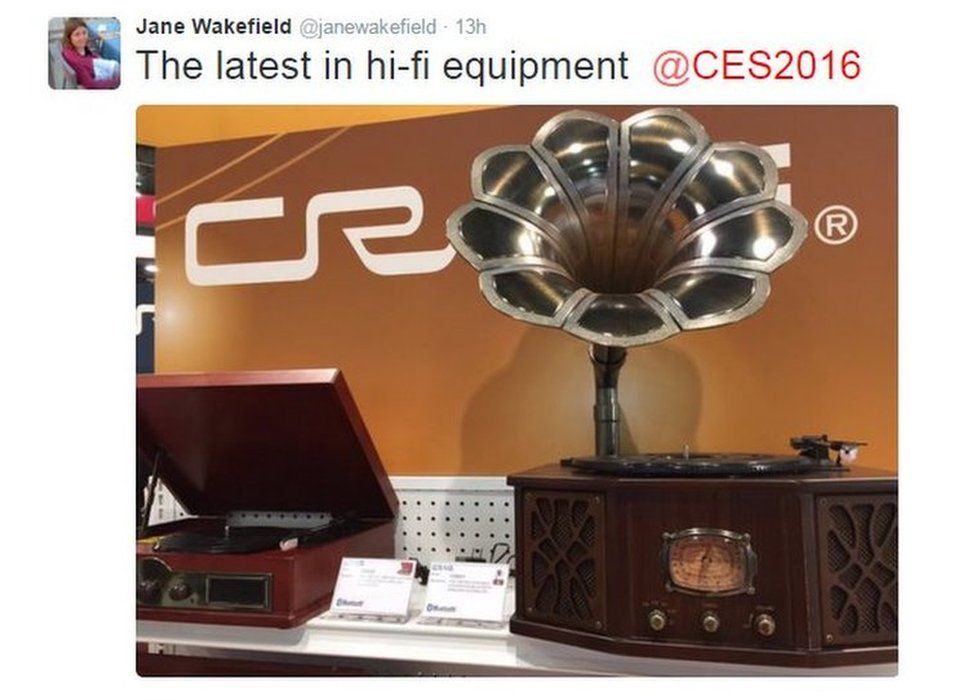 Tweet by Jane Wakefield: "The latest in hi-fi equipment" with what appears to be an old gramophone player