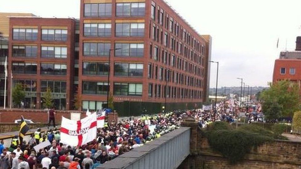 EDL march on Main Street, Rotherham by police station and council offices