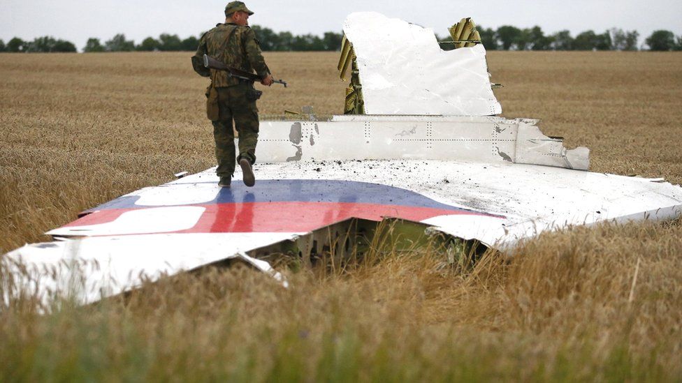An armed pro-Russian separatist stands on part of the wreckage of the Malaysia Airlines Boeing 777 plane on 17 July 2014