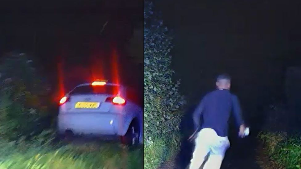 Images taken from police footage of car stuck in a hedge, then Langford running towards a hedge in the dark