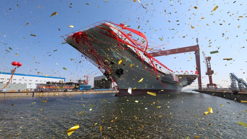 China's second aircraft carrier, first domestically built aircraft carrier, is seen during its launching ceremony in Dalian, Liaoning province, China, 26 April 2017.