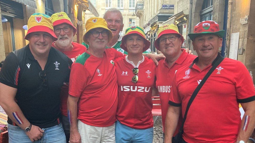 Two father-son-uncle combos from Swansea - Steve Davies, peter davies, andrew davies, lee edwards, mark davies, alan edwards - have also arrived in Bordeaux