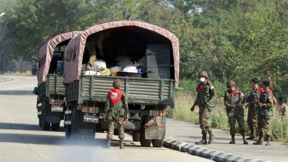 Soldiers on the road in Nay Pyi Taw, Myanmar, 1 February 2021