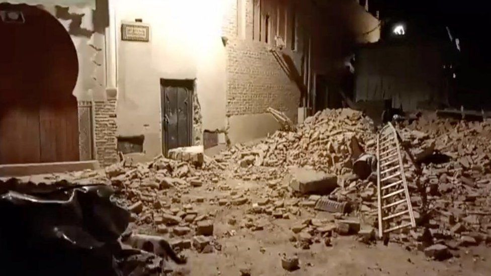 View of debris in the aftermath of the earthquake in Marrakech