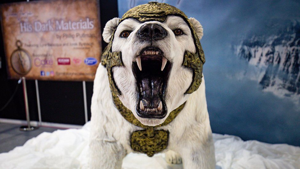 Life-sized lorek the Armoured Bear from "His Dark Materials", on display during Cake International 2019 at the NEC, Birmingham