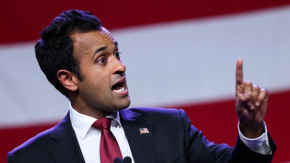 Republican presidential candidate Vivek Ramaswamy speaks at the Republican Party of Iowa's Lincoln Day Dinner in Des Moines, Iowa on 28 July