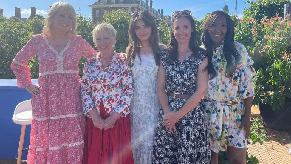 [from left to right]: Television presenter Nicky Chapman; gardening expert Carol Klein; Olivia and Jenny Copley; and television presenter Angelica Bell at the RHS Chelsea Flower Show.