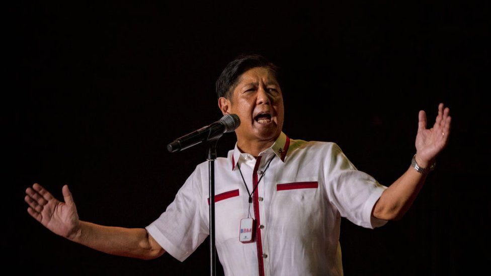 Ferdinand "Bongbong" Marcos Jr. speaks to supporters during his last campaign rally before the election