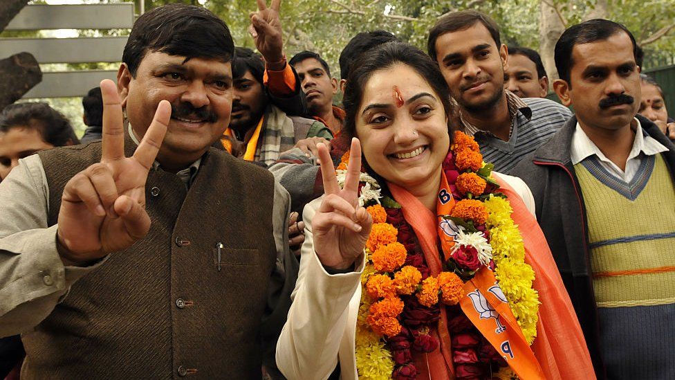 BJP candidate from New Delhi Constituency Nupur Sharma arrives at Jamnagar House to file her nominations for the upcoming Delhi Assembly Elections 2015 on January 21, 2015 in New Delhi, India.