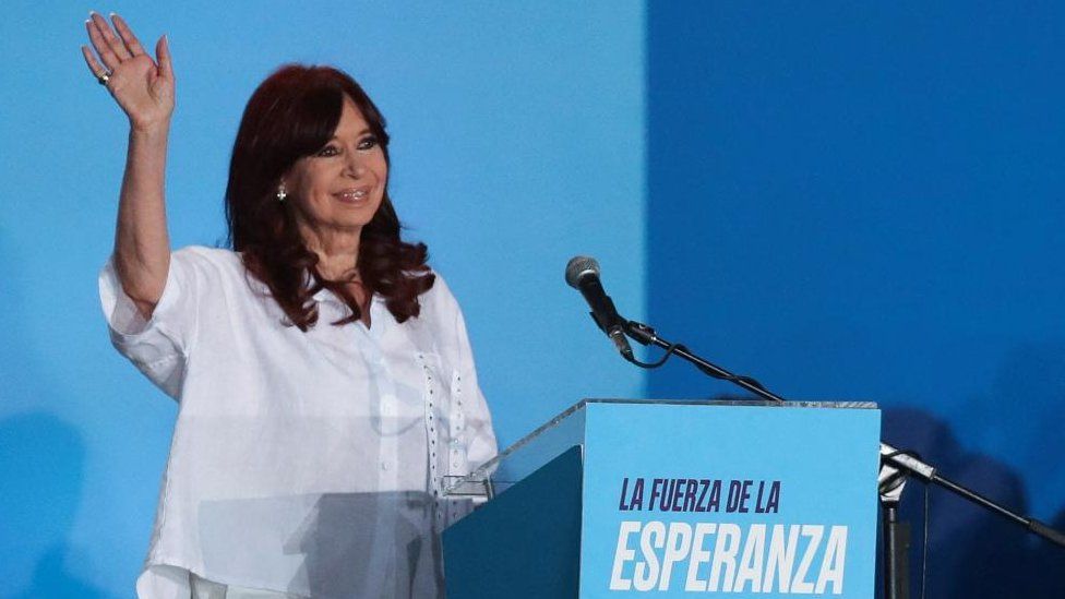 Argentina's Vice President Cristina Fernandez de Kirchner waves as she attends a party rally inside the Diego Maradona stadium, in La Plata, on the outskirts of Buenos Aires, Argentina November 17, 2022.