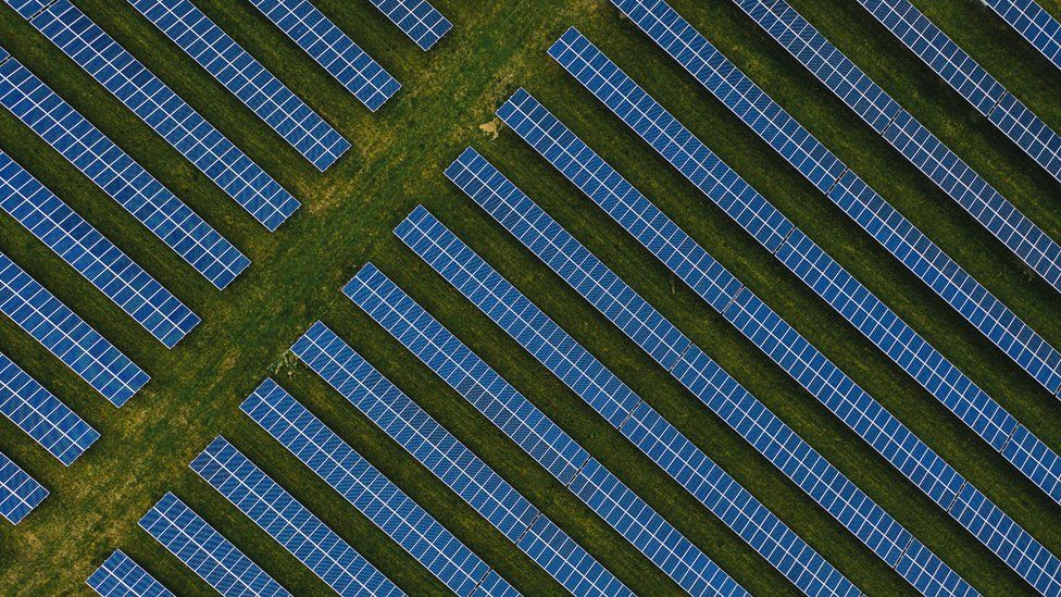 Library image of a solar farm, pictured from above