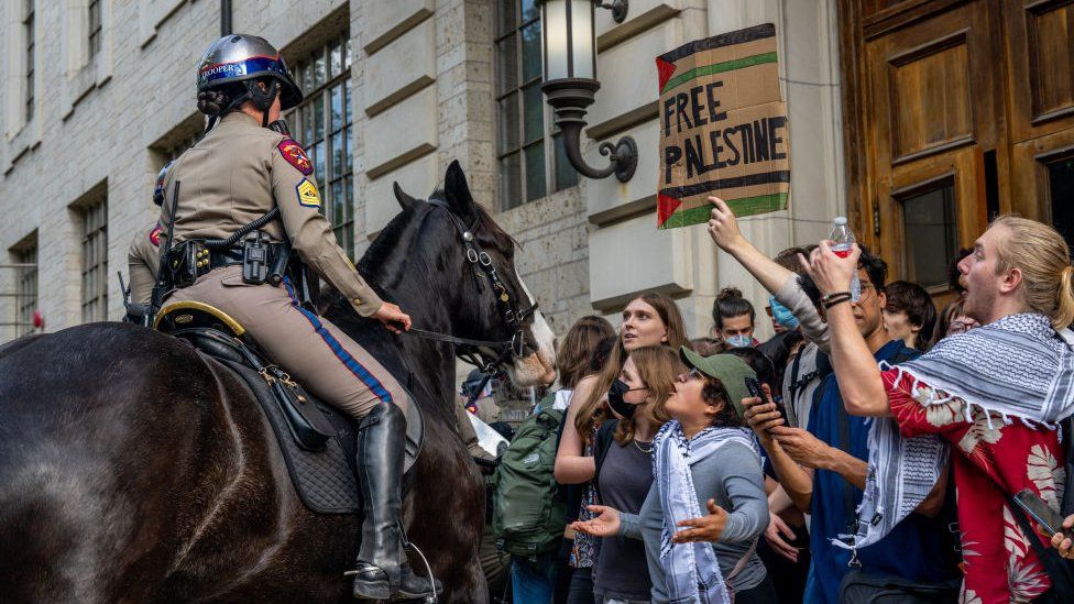 Mounted police work to contain demonstrators protesting the war in Gaza at the University of Texas at Austin on April 24, 2024 in Austin, Texas