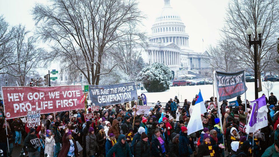 Demonstrators march past the US Capitol during the annual March For Life on the National Mall in Washington, DC, US, on Friday January 19, 2024