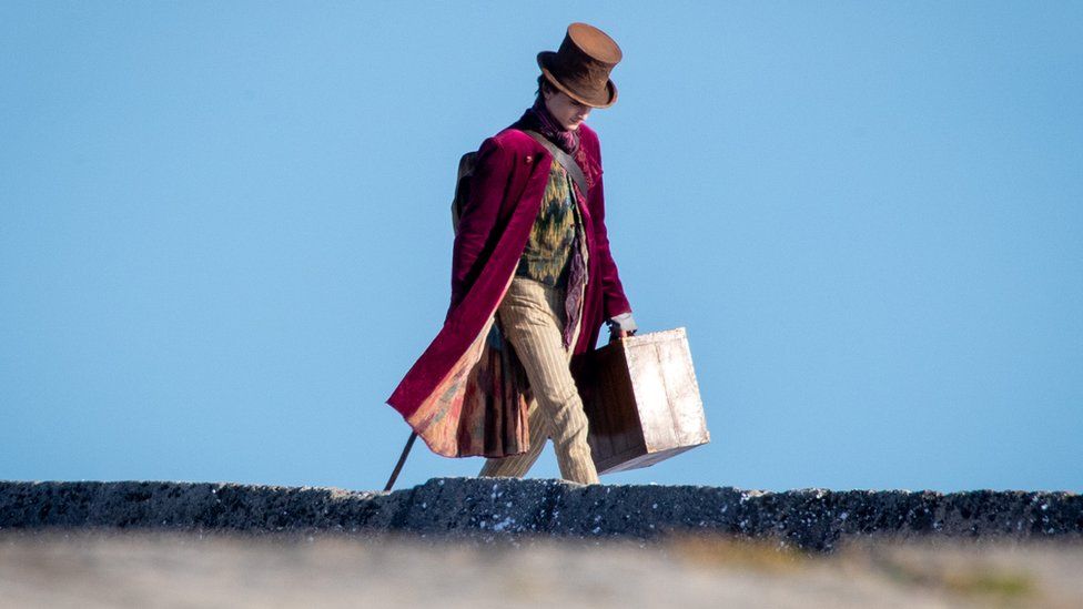 Timothée Chalamet filming for Wonka in Lyme Regis in Dorset