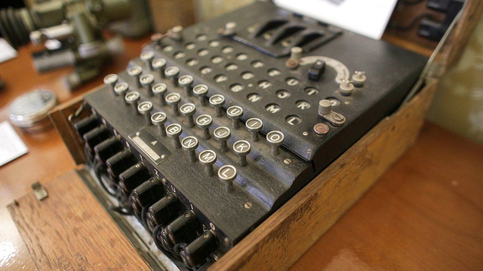 A close up of the Enigma cipher machine on display at an auction house in Bucharest, Romania, July 11, 2017.