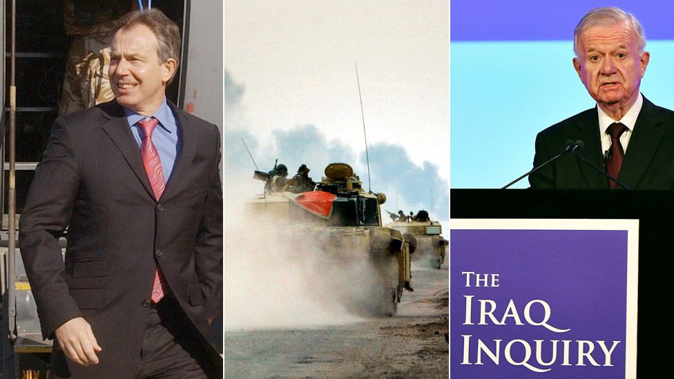 Composite image of Blair, tanks in Iraq and Sir John Chilcot