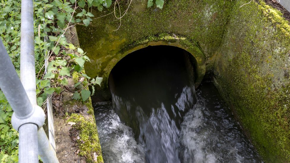 Sewage is discharged into Earlswood brook from the nearby treatment works, run by Thames Water on 13 April 2023 in South Earlswood, England
