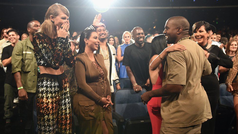 Singer-songwriter Taylor Swift, TV personalities Kim Kardashian, Kourtney Kardashian, rapper Kanye West and TV personality Kris Jenner in the audience during the 2015 MTV Video Music Awards