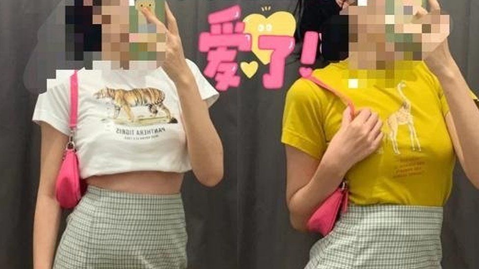 Pictures on Chinese social media showing women trying on Uniqlo kids' t-shirts (with Chinese words saying 'Love it!')