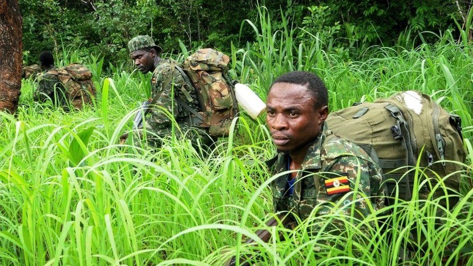 Ugandan soldiers on patrol in Obo area