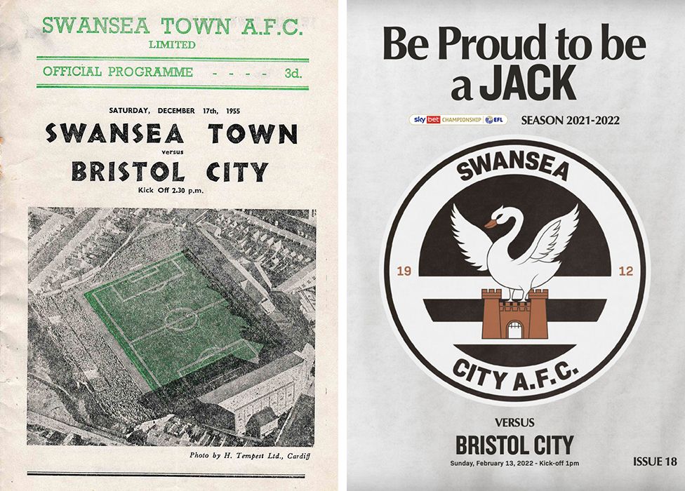 Swansea have gone from physical programmes, left, to a digital ones, right