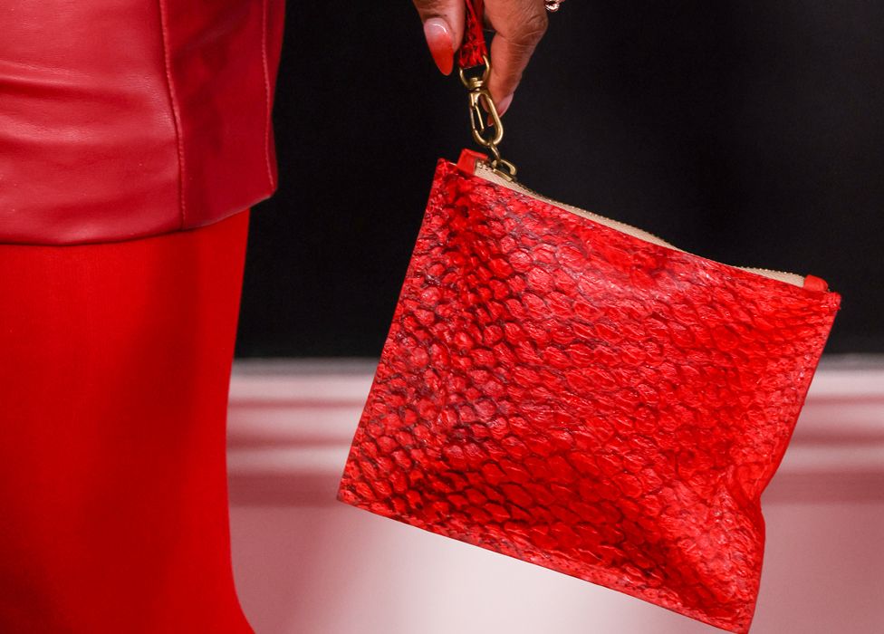 The red fish leather wristlet purse carried on the red carpet by Blush - Grammy Awards 2023 - 5 February 2023