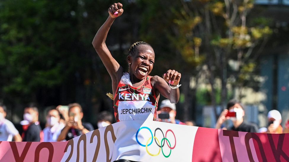 Kenya's Peres Jepchirchir crossing the finish line at the women's Olympic marathon in Sapporo, Japan - Saturday 7 August 2021
