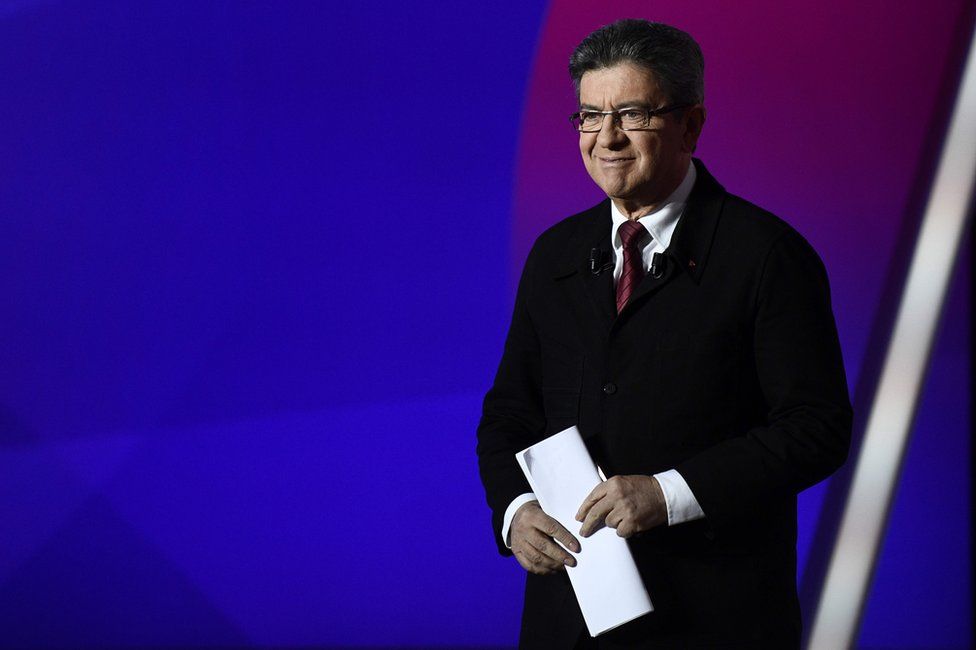 Jean-Luc Mélenchon arrives on the set of the studios of French television channel France 2 in Saint-Cloud, Paris, 20 April