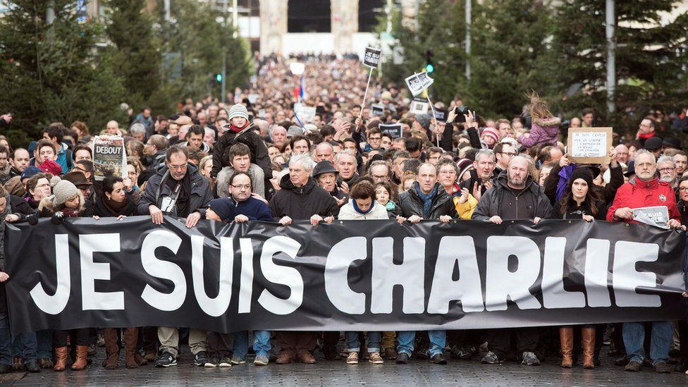 Protesters carrying Je Suis Charlie banner in Lille, France